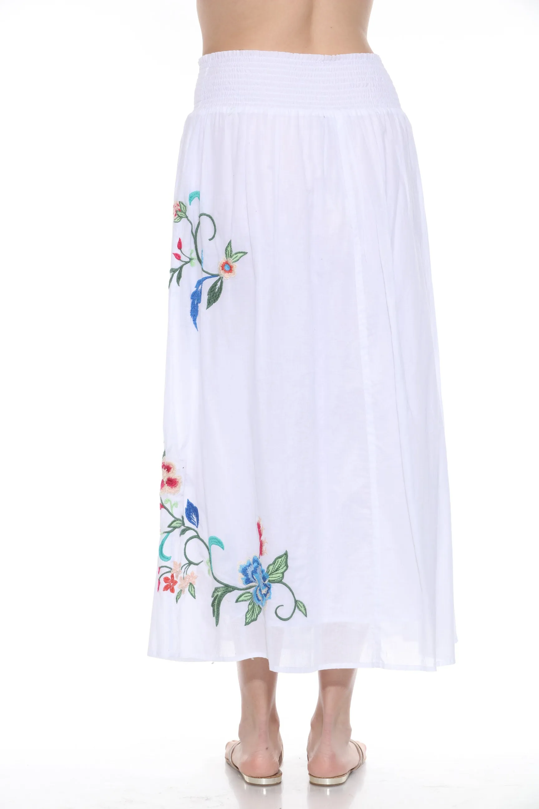 Johnny Was Workshop White Smocked Floral Maxi Skirt W72024