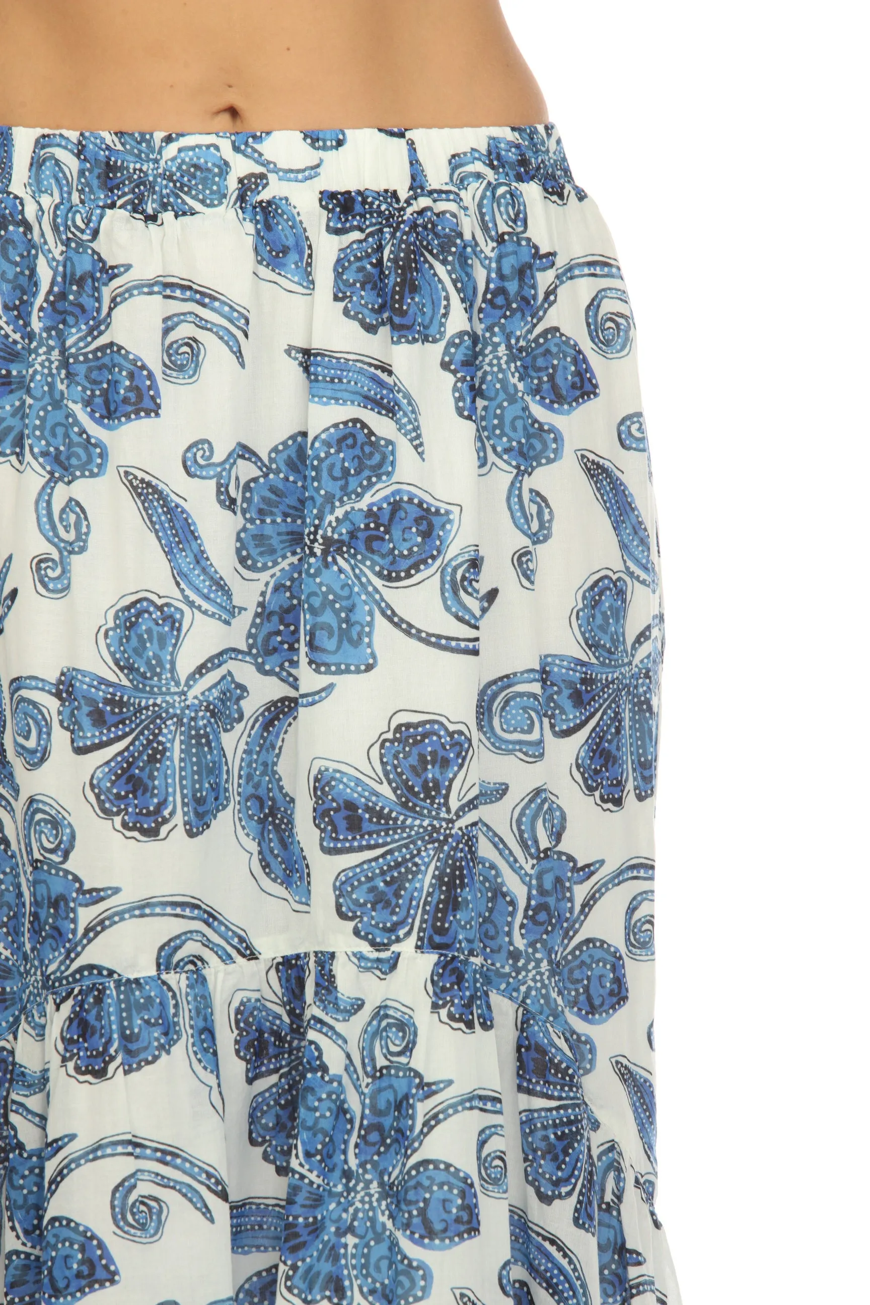 Johnny Was Workshop White/Blue Azura Floral Tiered Midi Skirt Boho Chic W71423