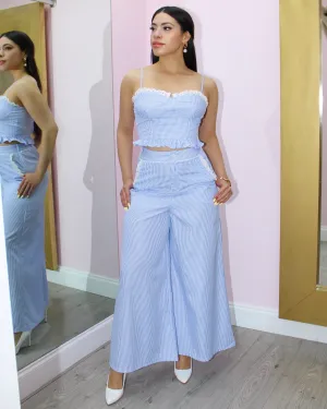 Just Love Stripes Embroided Embellished 2 Piece Pant Set Ligth Blue
