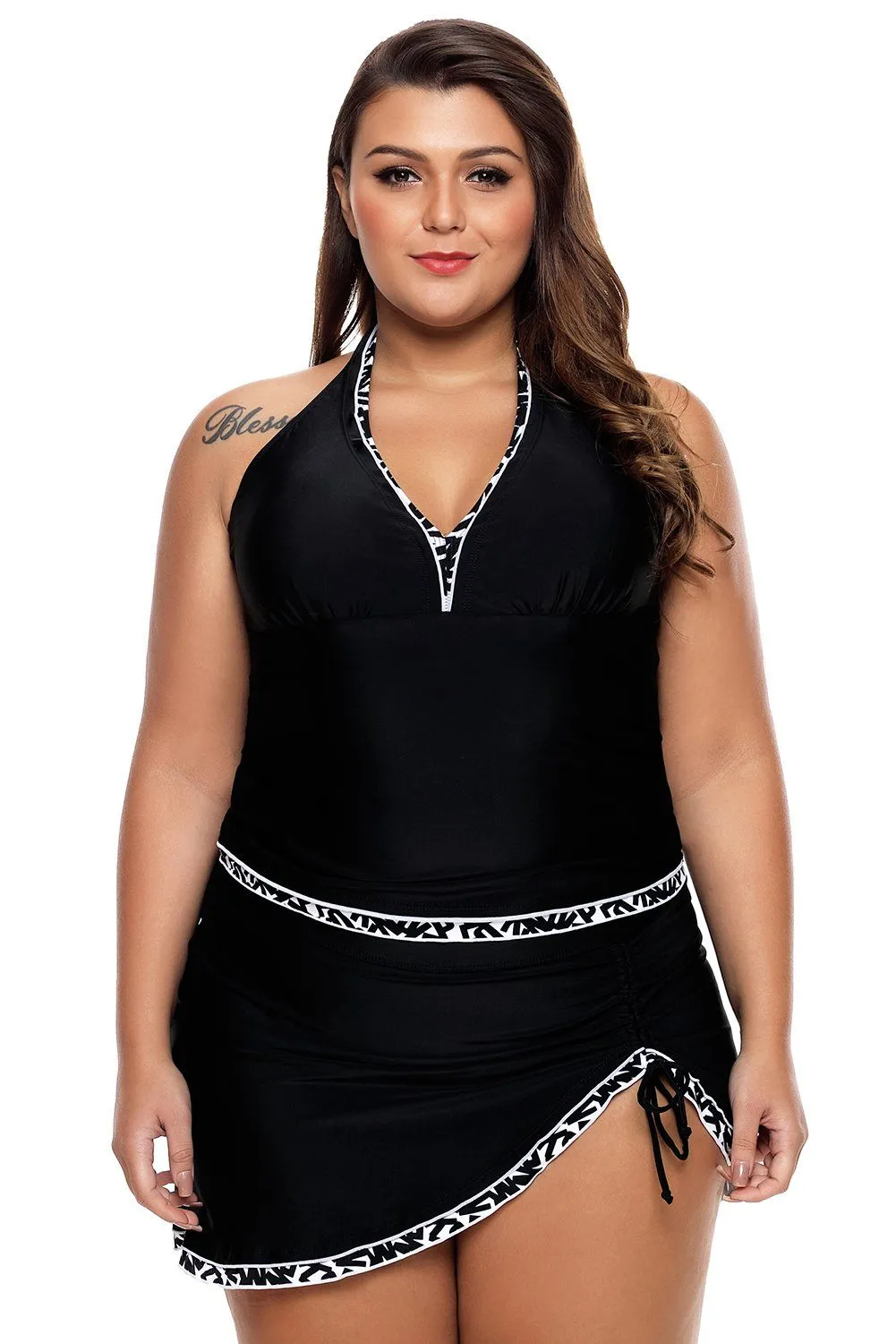 KaleaBoutique 2 Piece Black & White Trim Deep V Neckline Tankini Skirt Skort Halter Swimsuit Set