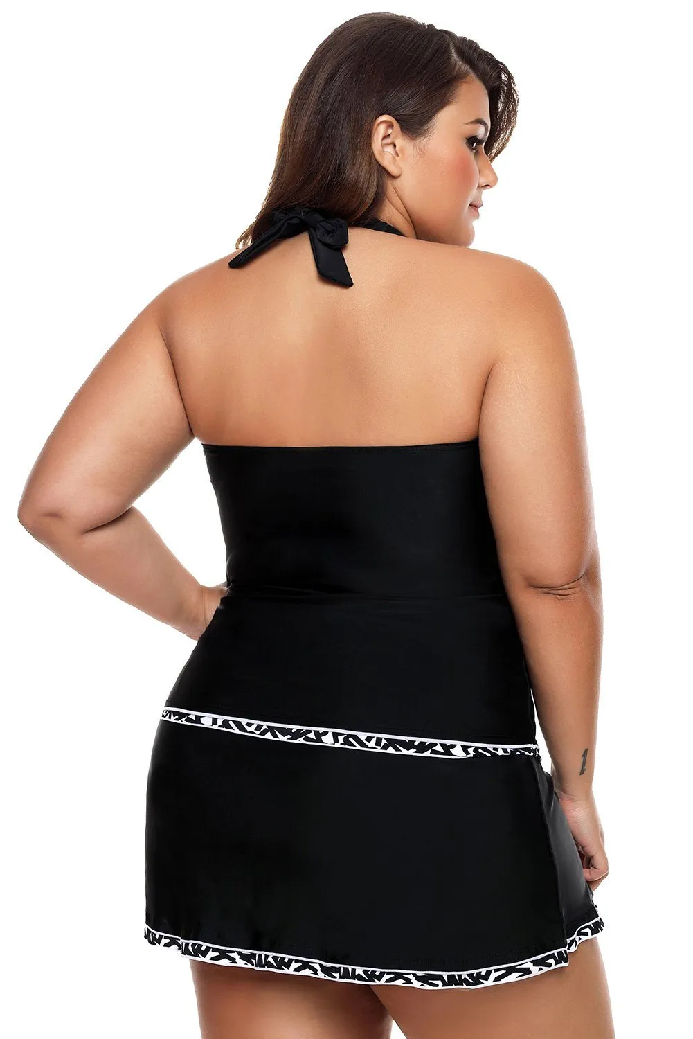 KaleaBoutique 2 Piece Black & White Trim Deep V Neckline Tankini Skirt Skort Halter Swimsuit Set