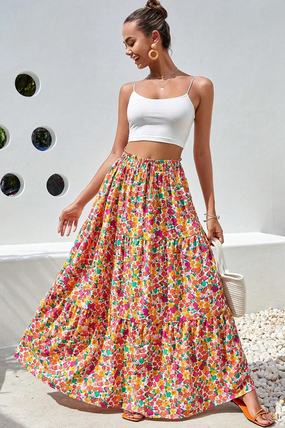 KaleaBoutique Beautiful Boho Floral Print Tiered Long Skirt