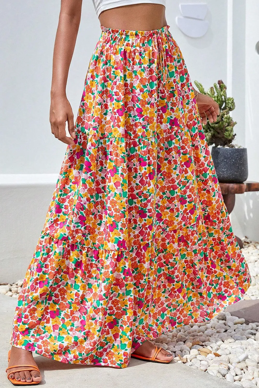 KaleaBoutique Beautiful Boho Floral Print Tiered Long Skirt