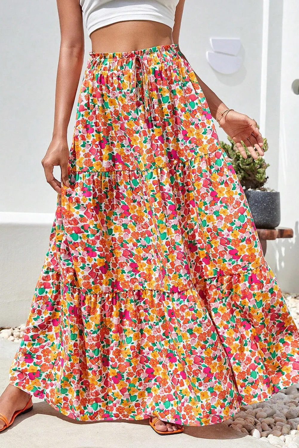 KaleaBoutique Beautiful Boho Floral Print Tiered Long Skirt