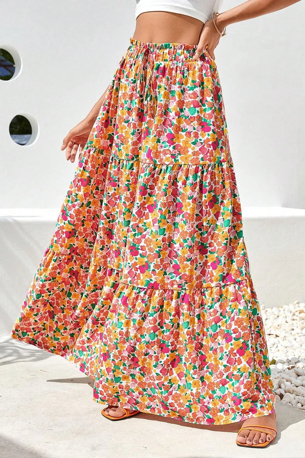 KaleaBoutique Beautiful Boho Floral Print Tiered Long Skirt
