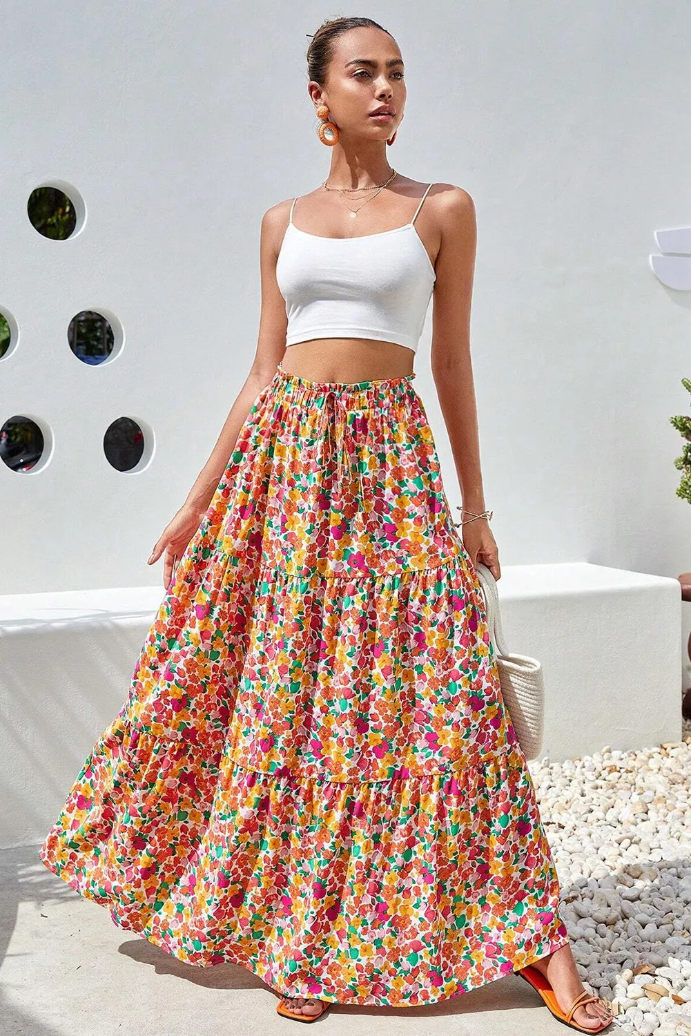 KaleaBoutique Beautiful Boho Floral Print Tiered Long Skirt