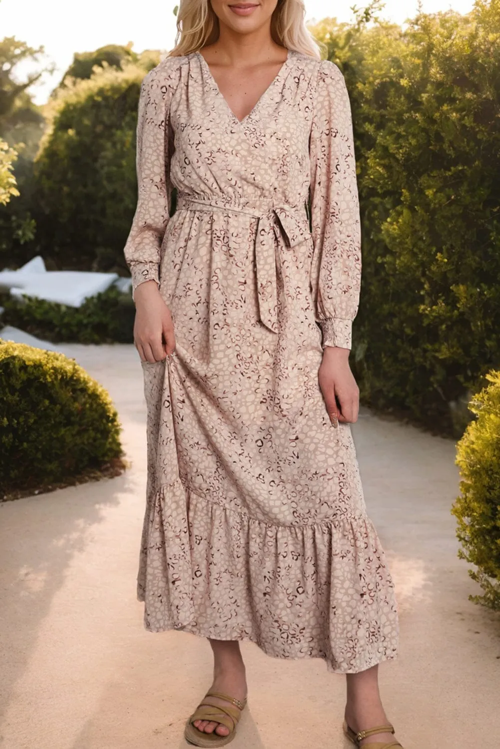 KaleaBoutique Surplice Neck Bubble Sleeve Maxi Dress with Sash