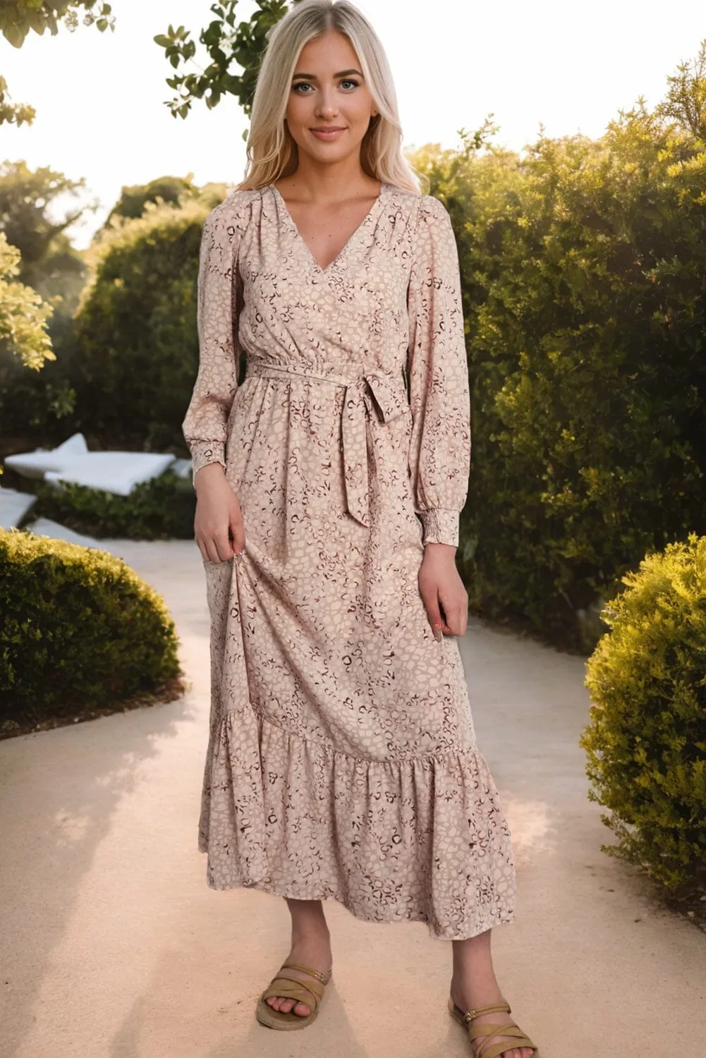 KaleaBoutique Surplice Neck Bubble Sleeve Maxi Dress with Sash