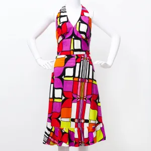 KALEIDOSCOPE ART 70S BRIGHT HALTER DRESS