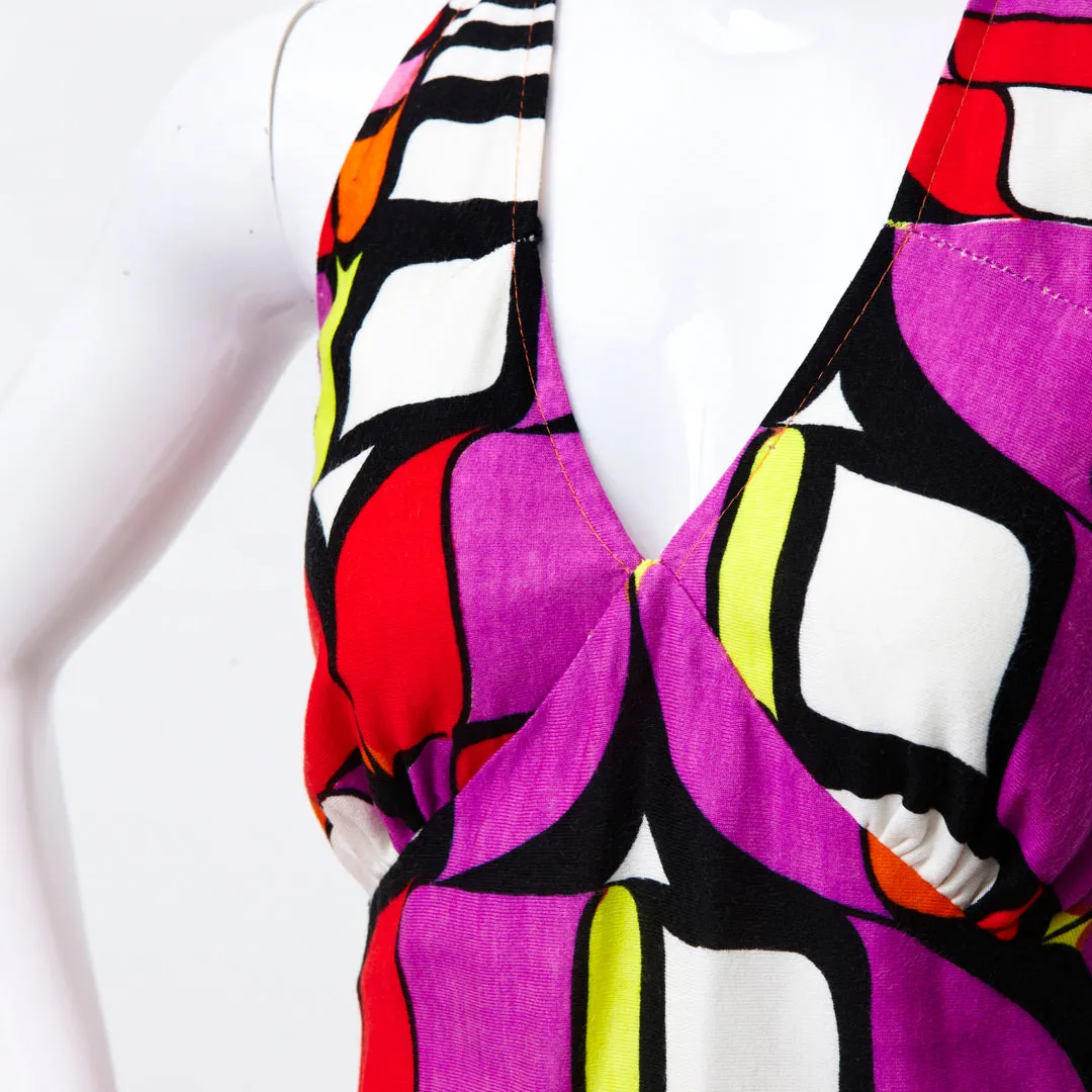 KALEIDOSCOPE ART 70S BRIGHT HALTER DRESS