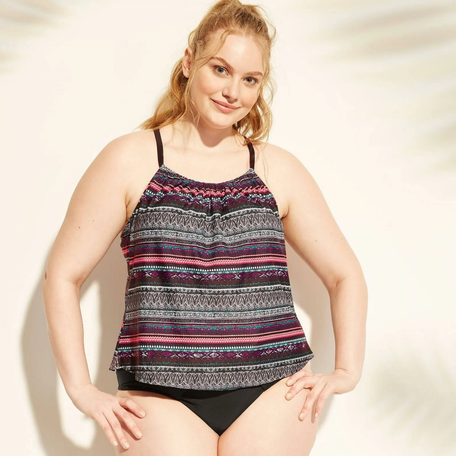 Kona Sol Women's Plus Size Patterned Racerback Tankini Swim Top