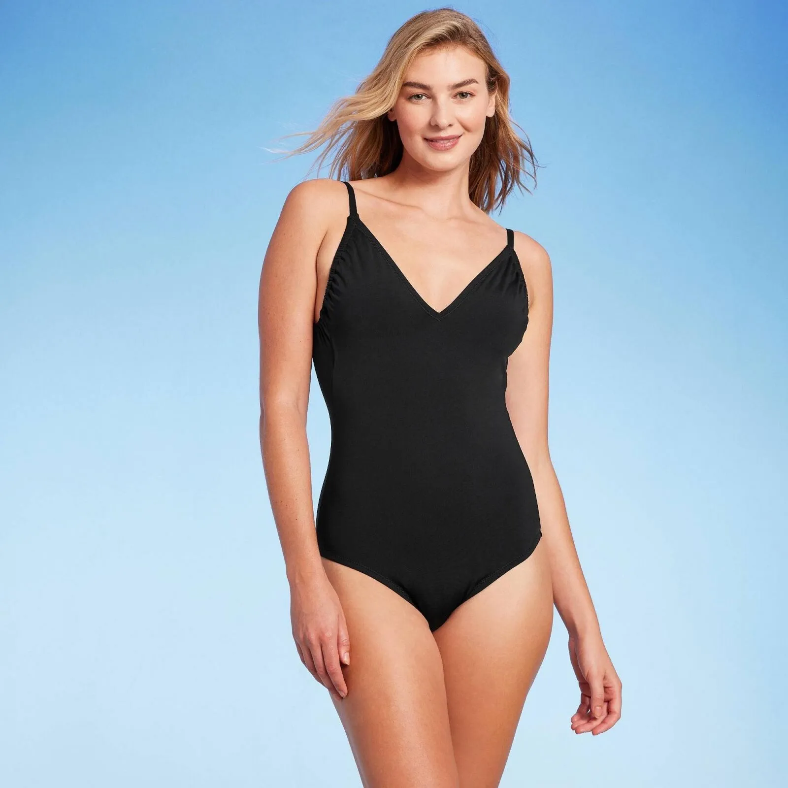 Kona Sol Women's V-Neck Shirred Medium Coverage One Piece Swimsuit PID-3GM0K4