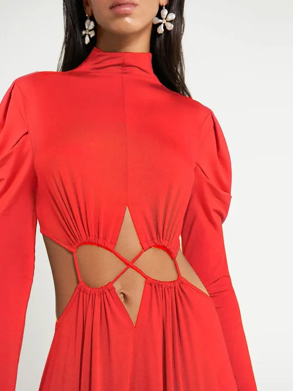 Lace-up Mock Neck Maxi Dress