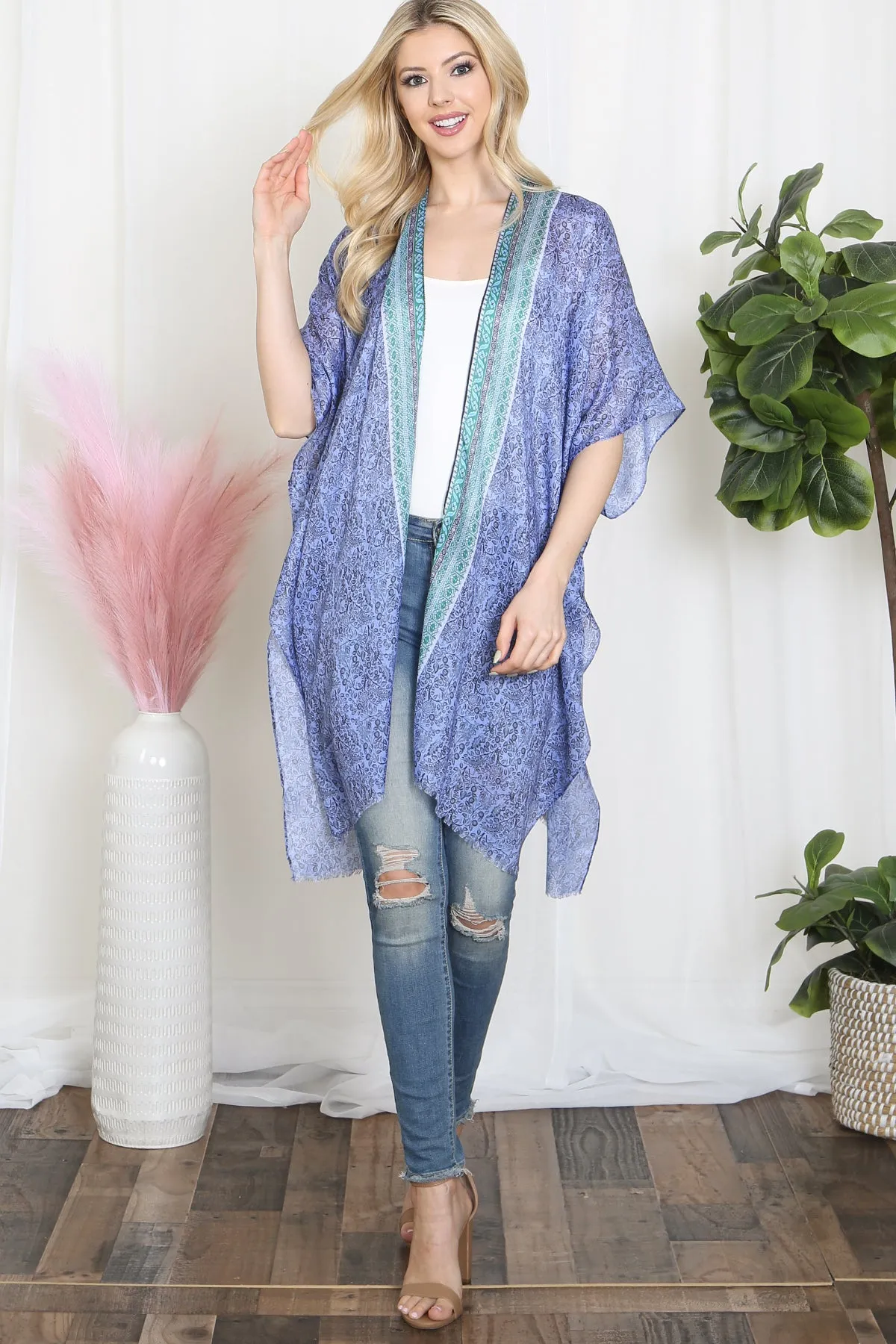 LEAF PRINT INLINE BOHO OPEN FRONT KIMONO