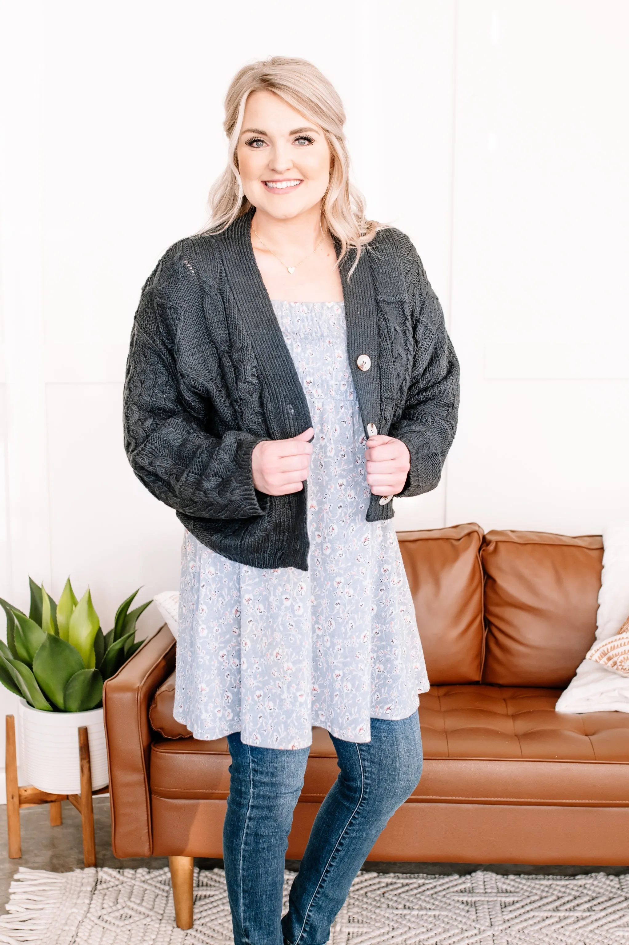 Legendary Cable Knit Cardigan In Charcoal