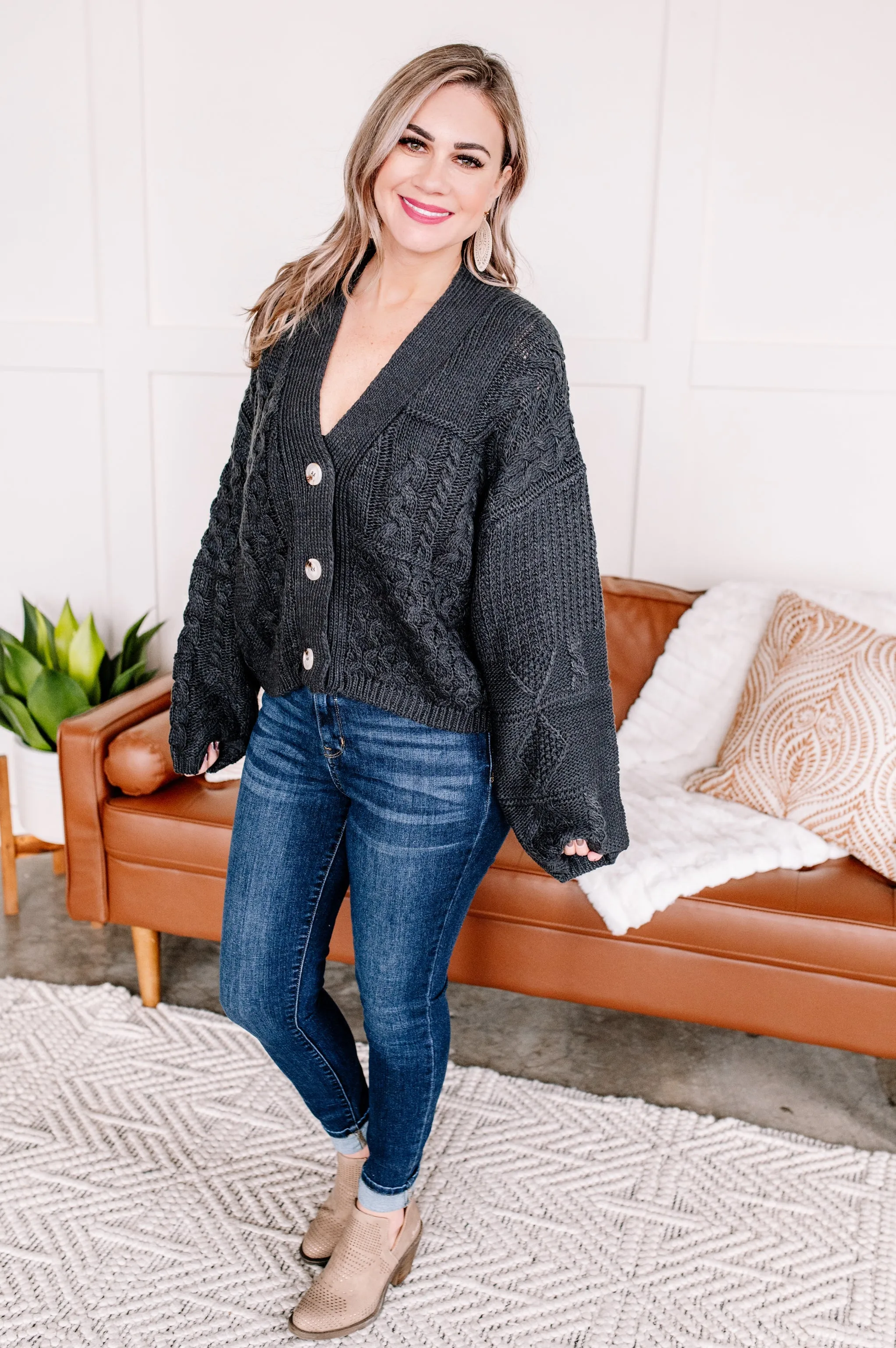 Legendary Cable Knit Cardigan In Charcoal
