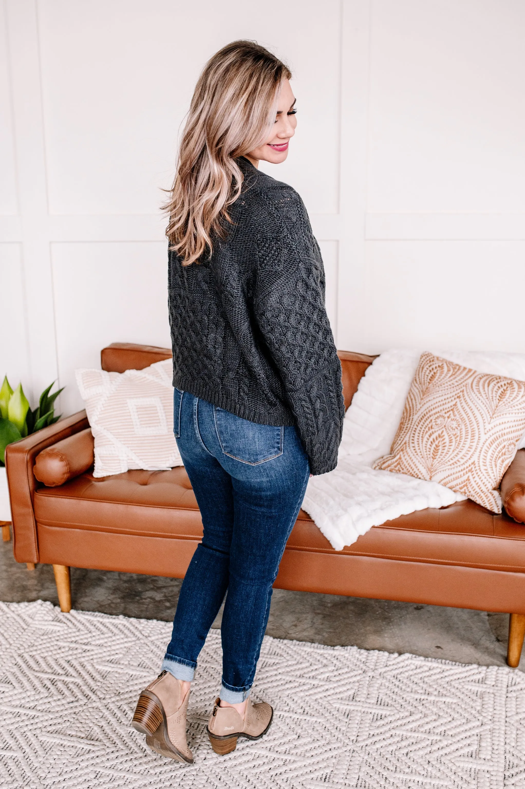 Legendary Cable Knit Cardigan In Charcoal