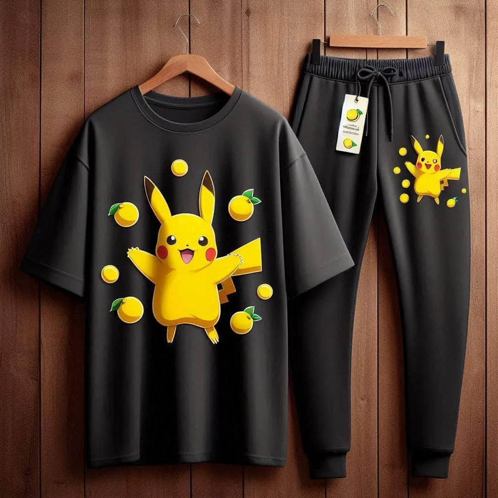 Lemon Tart Printed Oversized T-Shirt and Jogger Pants Set - LTUSTPS2 - Black Black