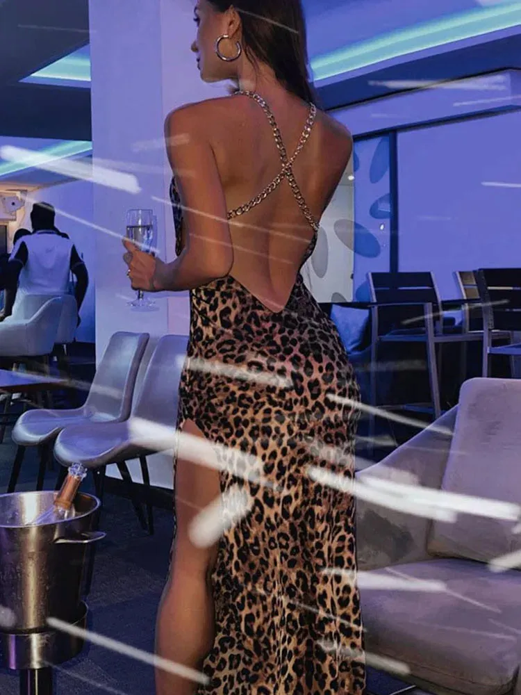Leopard Print Chain Straps Side Slit Maxi Dress Backless Bodycon Sexy Party Chic Dress