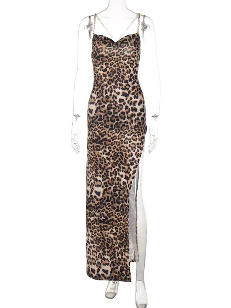 Leopard Print Chain Straps Side Slit Maxi Dress Backless Bodycon Sexy Party Chic Dress
