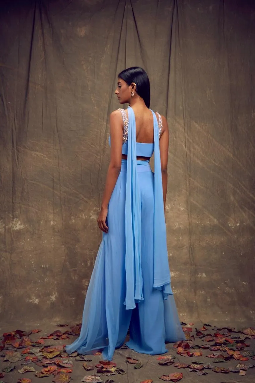 Light Blue Overlap Blouse and Palazzo Pants