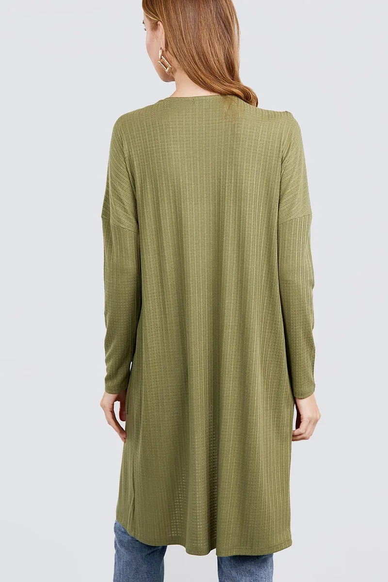 Long Dolman Sleeve Open Front W/pocket Pointelle Rib Long Cardigan