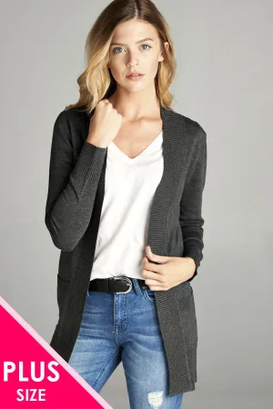 Long Sleeve Rib Banded Open Sweater Cardigan W/pockets