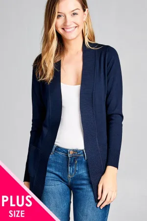 Long Sleeve Rib Banded Open Sweater Cardigan W/pockets