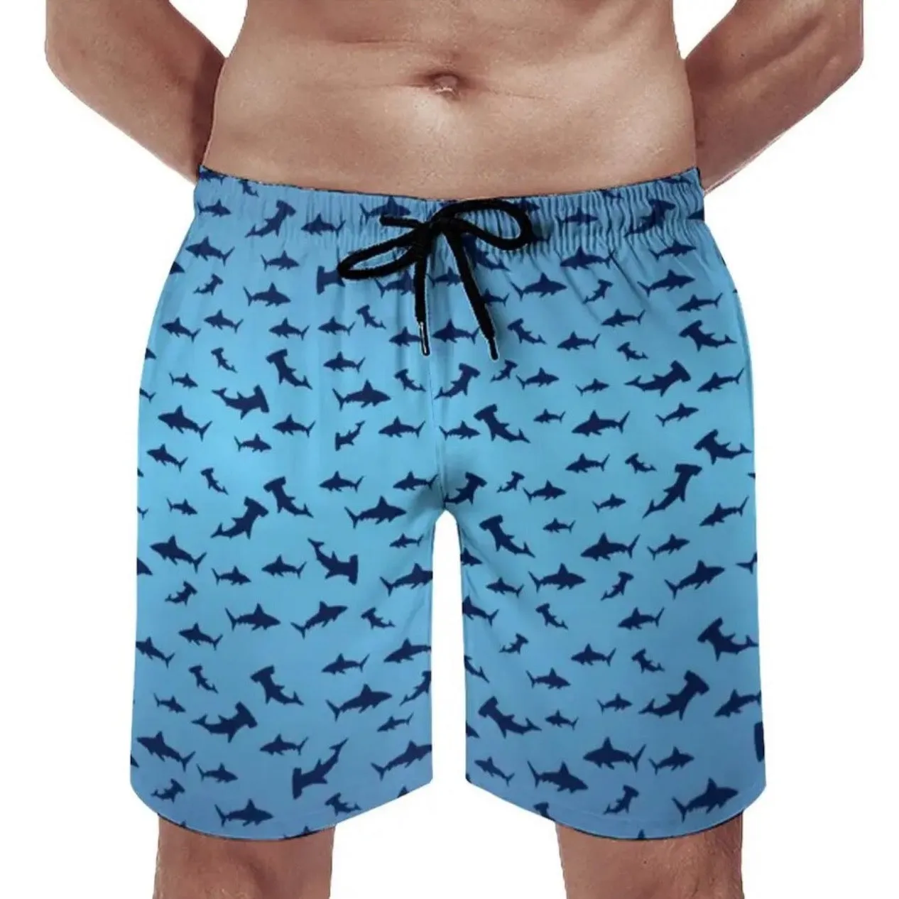 Men Swimwear Swim Shorts: Shark Print in Blue/Black for Sommer