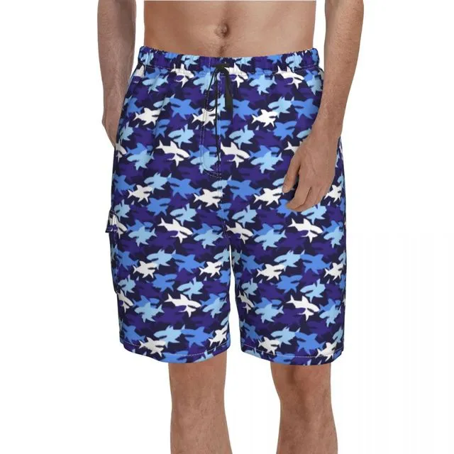 Men Swimwear Swim Shorts: Shark Print in Blue/White