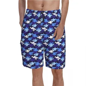 Men Swimwear Swim Shorts: Shark Print in Blue/White