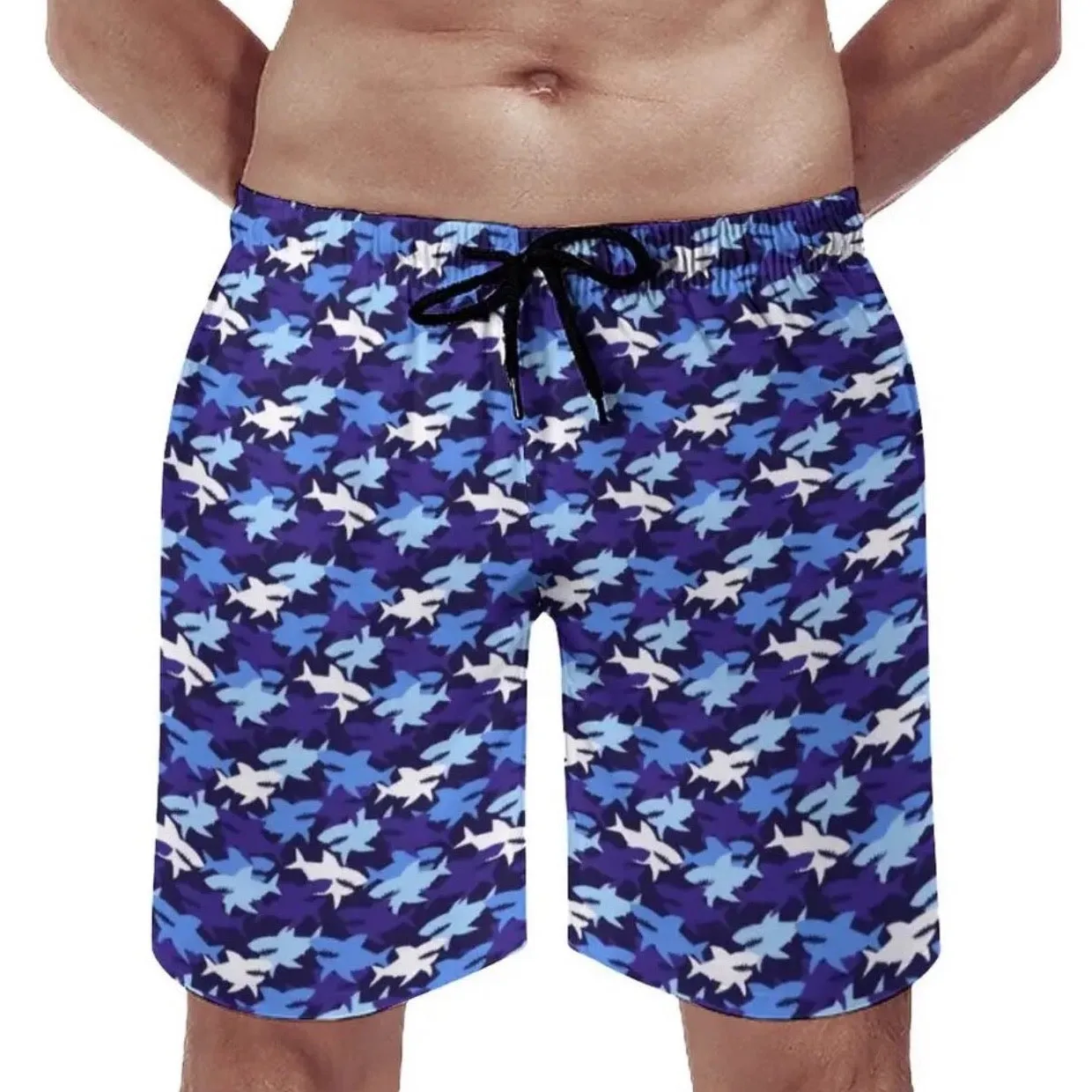 Men Swimwear Swim Shorts: Shark Print in Blue/White
