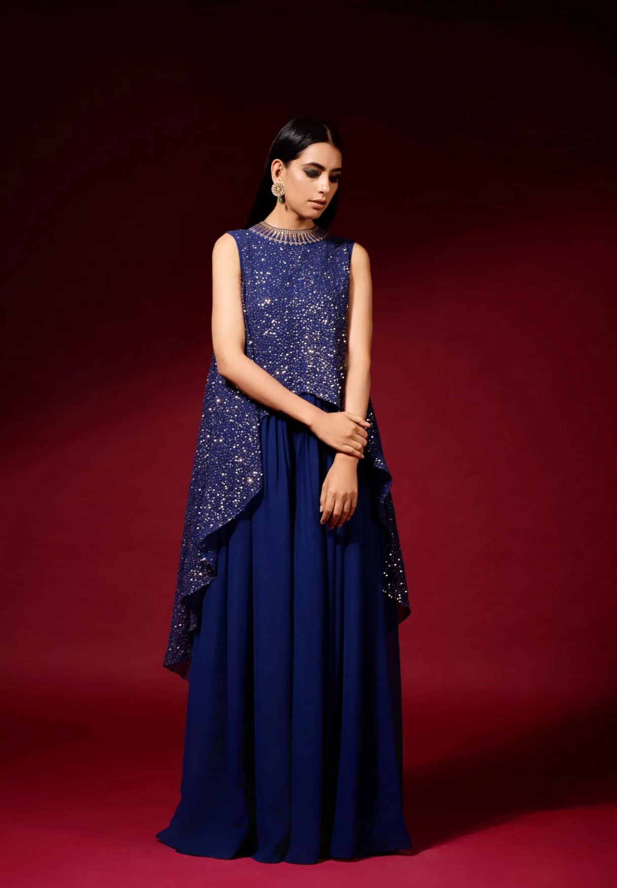 Midnight Blue Sequined Cape Set