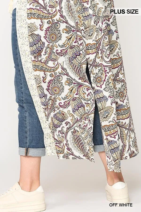 Mix-printed Open Front Kimono With Side Slits