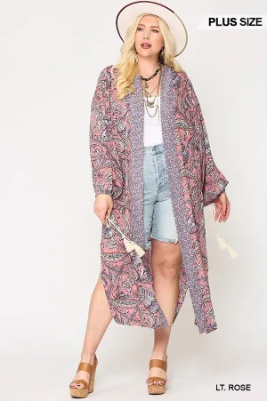 Mix-printed Open Front Kimono With Side Slits