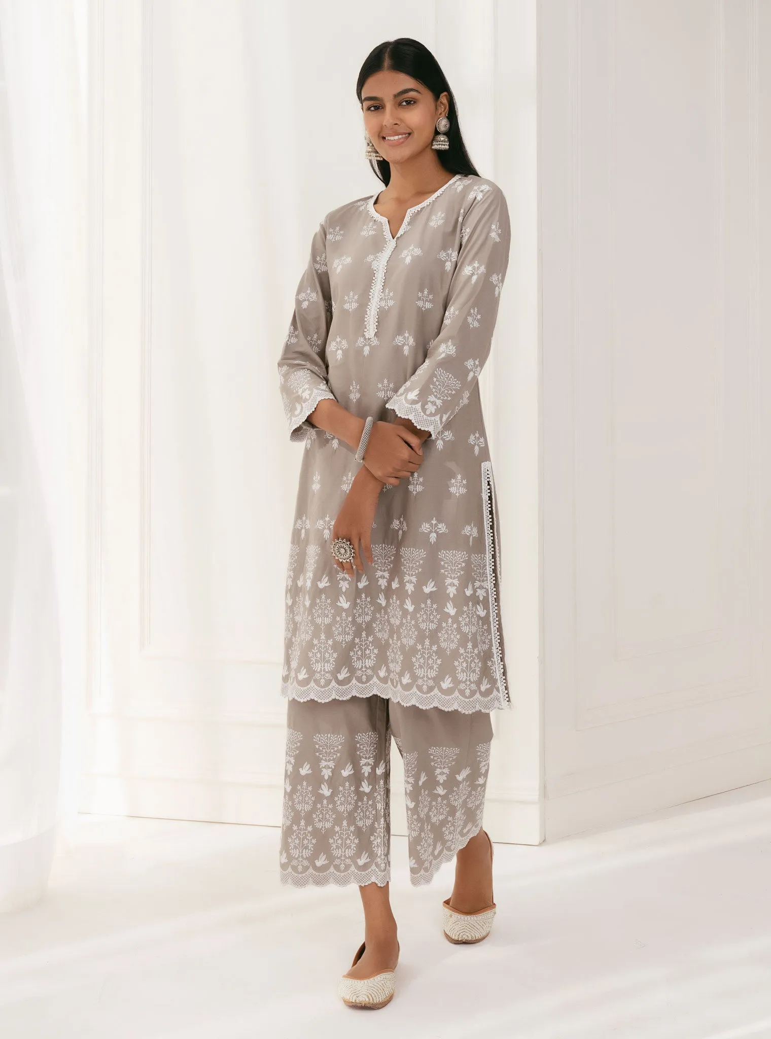 Mulmul Cotton Prini Grey Kurta With Prini Grey Palazzo