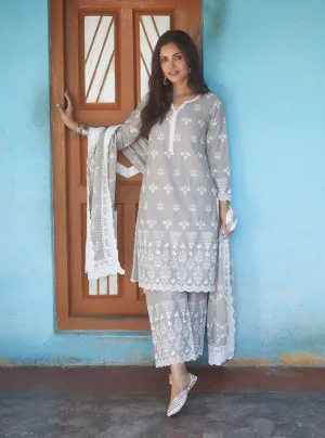 Mulmul Cotton Prini Grey Kurta With Prini Grey Palazzo