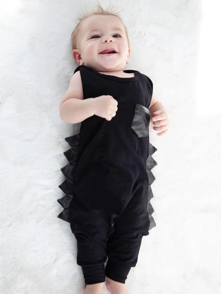Navy and White Striped Dino Baby Romper with Soft Dino Spikes