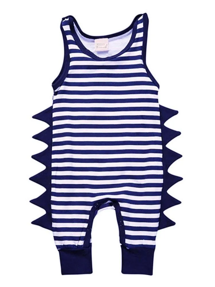 Navy and White Striped Dino Baby Romper with Soft Dino Spikes