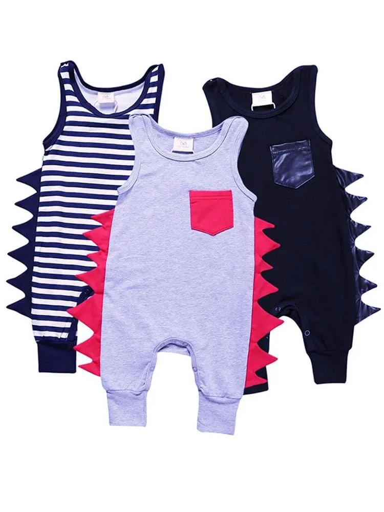 Navy and White Striped Dino Baby Romper with Soft Dino Spikes