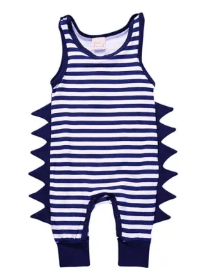 Navy and White Striped Dino Baby Romper with Soft Dino Spikes