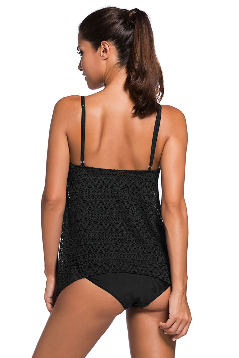 Navy Blue Lace Overlay Spaghetti Straps Tankini Swimsuit
