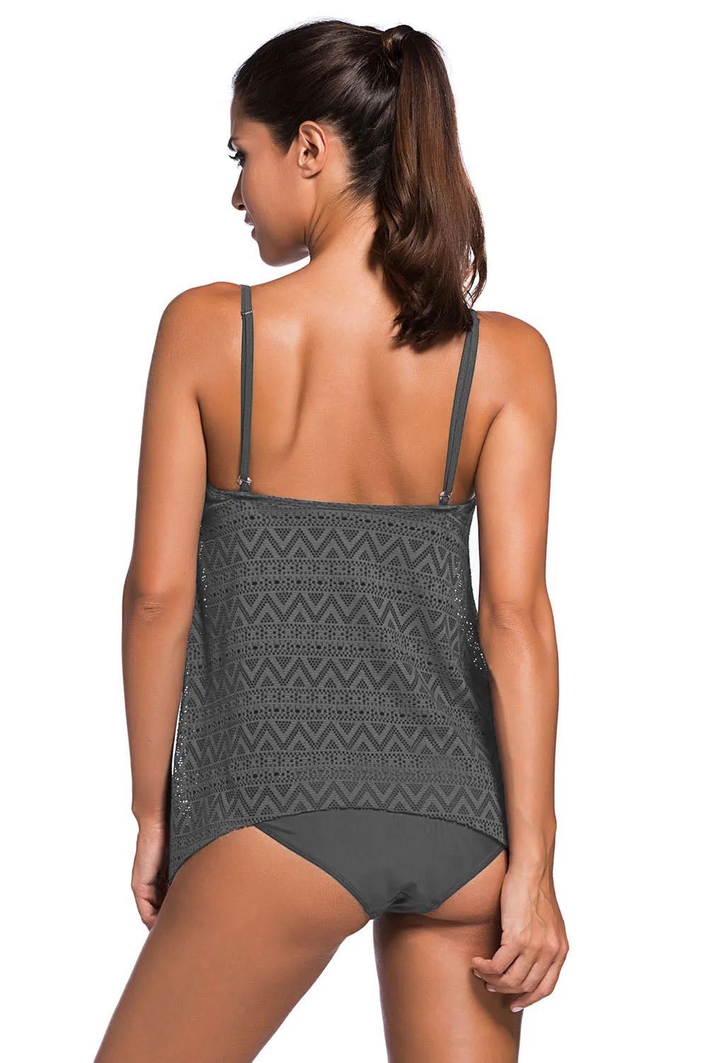 Navy Blue Lace Overlay Spaghetti Straps Tankini Swimsuit