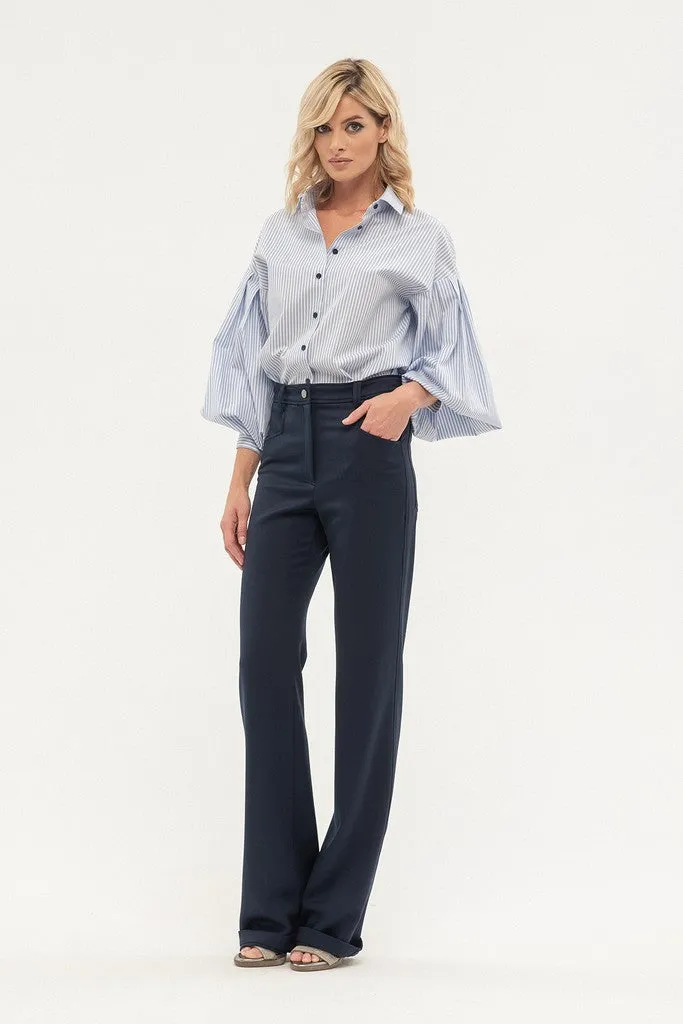 Navy Office Palazzo Solid Color Pants with Pockets