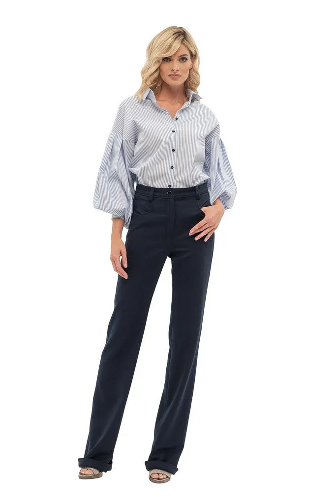 Navy Office Palazzo Solid Color Pants with Pockets