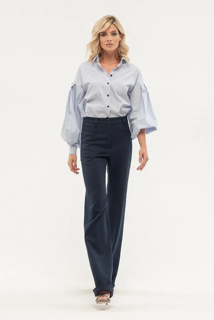 Navy Office Palazzo Solid Color Pants with Pockets