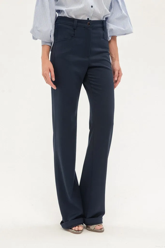Navy Office Palazzo Solid Color Pants with Pockets
