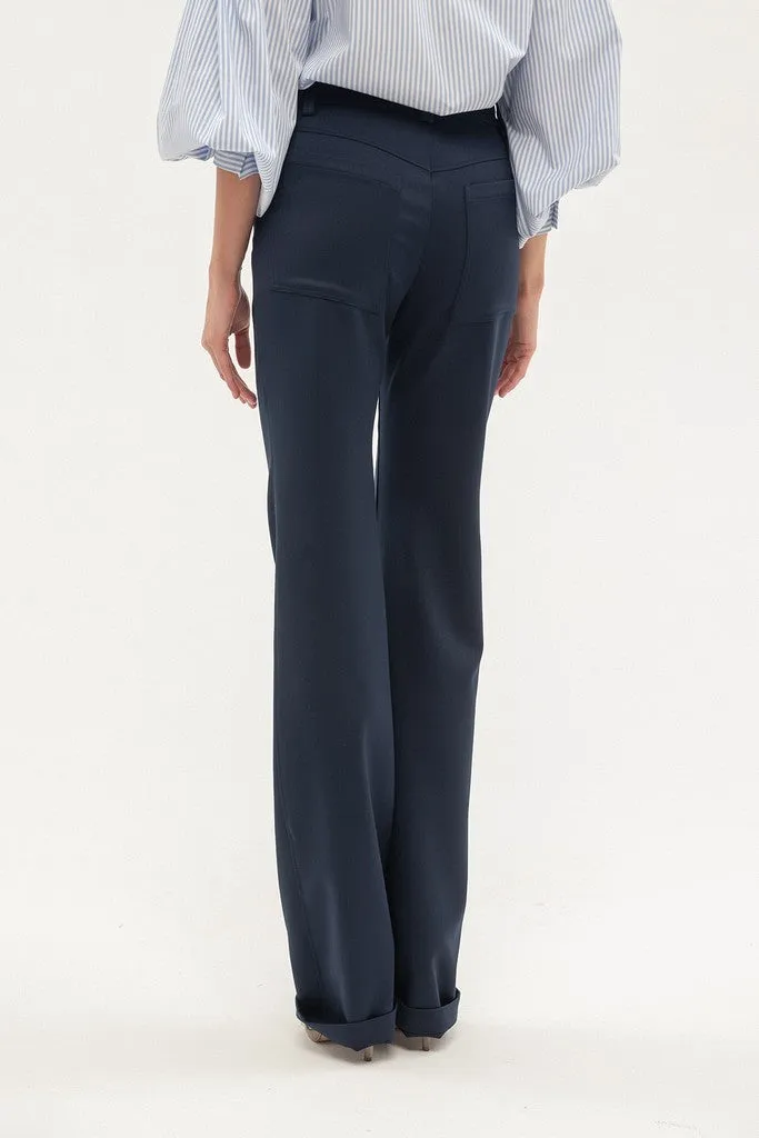 Navy Office Palazzo Solid Color Pants with Pockets