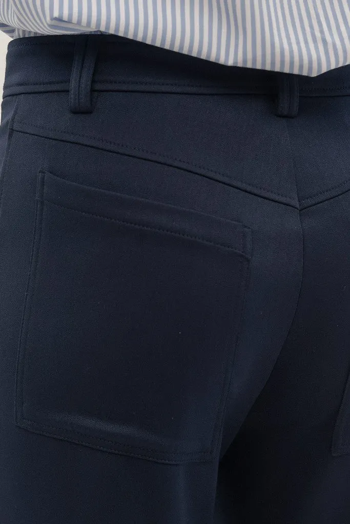 Navy Office Palazzo Solid Color Pants with Pockets