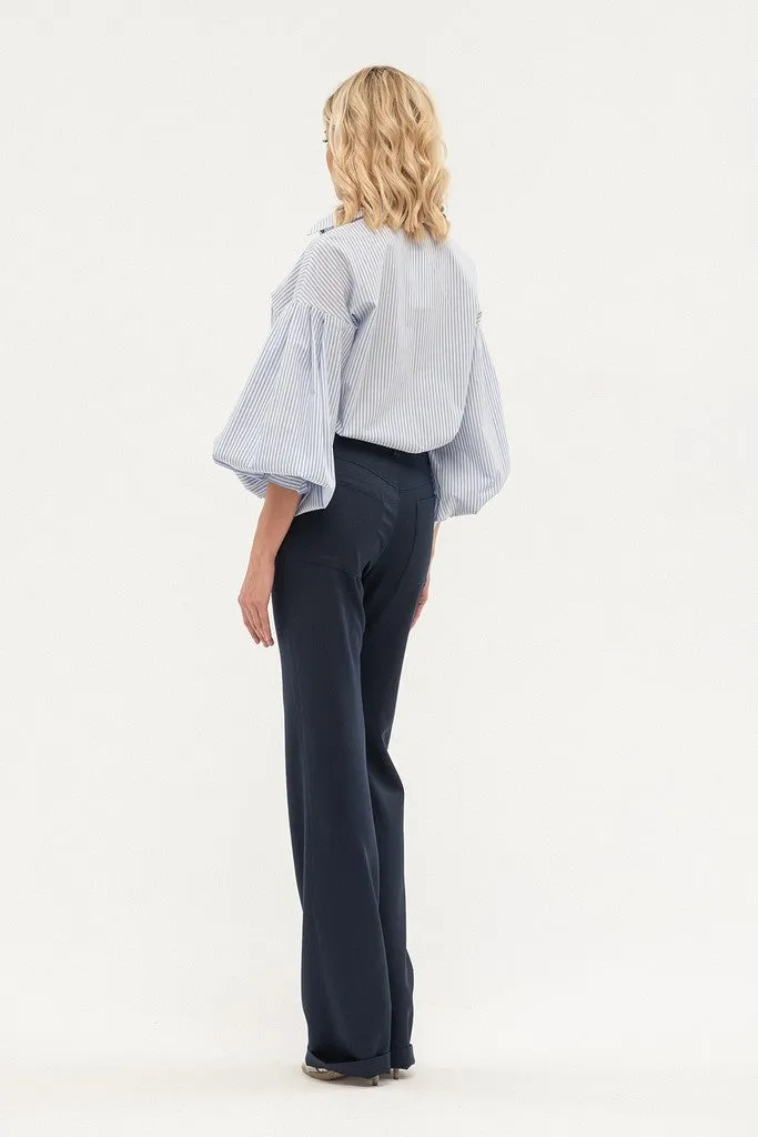 Navy Office Palazzo Solid Color Pants with Pockets